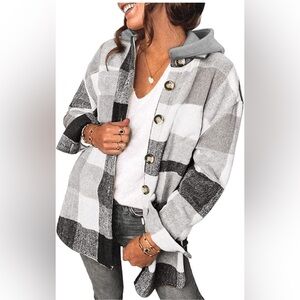 SHEWIN Long Sleeve Button Down Plaid Shirt Flannel Hooded Jacket , size L